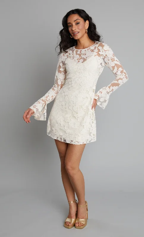 Cream Long Sleeve Burnout Mini Dress Elegant Silk Mini Dress