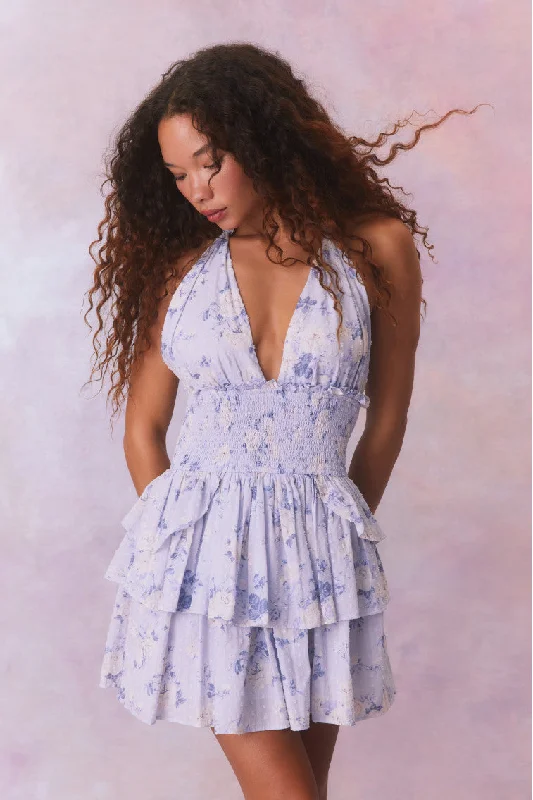 Deanna Fragrance Print Halter Mini Dress-WHISPER BLUE Trendy Mini Dress with Belt