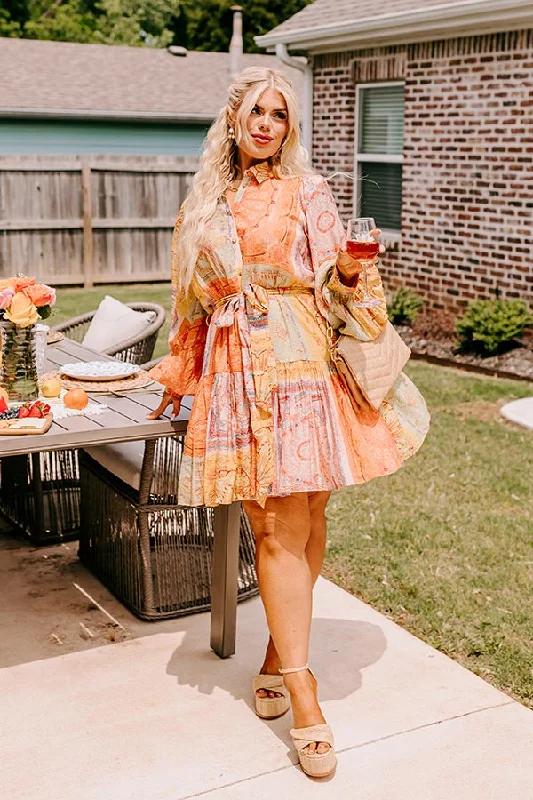 Fancy Flourish Color Block Mini Dress in Orange Curves Elegant Satin Mini Dress