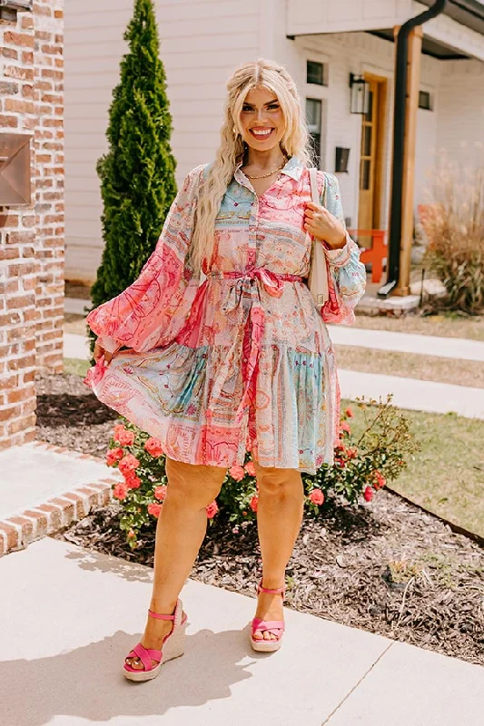 Fancy Flourish Color Block Mini Dress in Pink Curves Comfortable Off-Shoulder Mini Dress