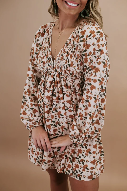 Floral Smocked Mini Dress, Cream Elegant Sequin Mini Dress