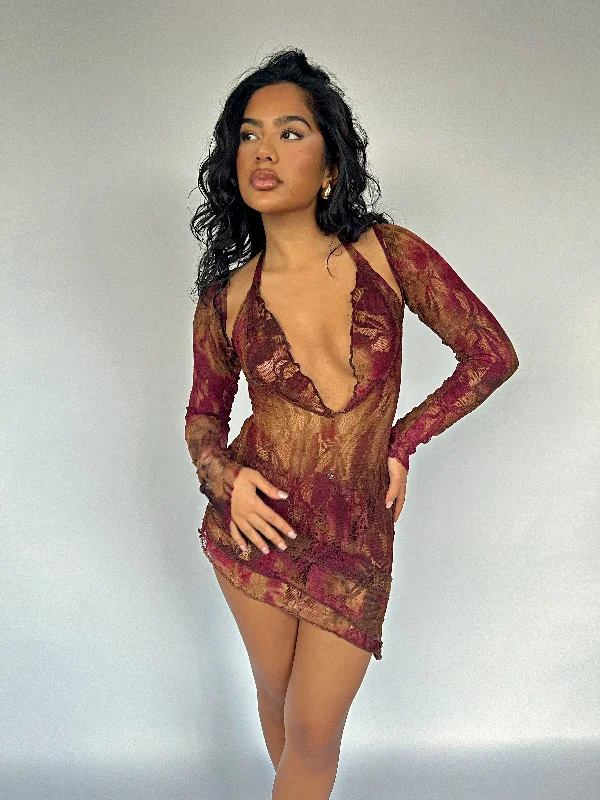 Maroon Molasses Mini Dress Fashionable Mini Dress with Slits