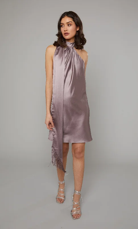 Mauve Halter-Neck Satin Mini Dress Trendy Button-Detail Mini Dress