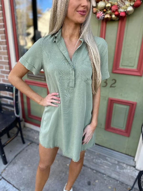 Moon Washed Denim Mini Dress- Olive Stylish Short Sleeve Mini Dress
