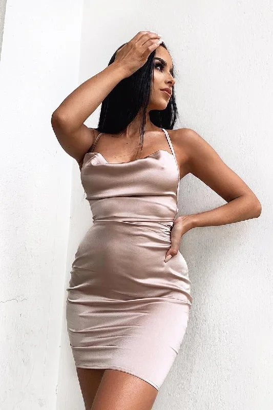 Nude Satin Lace Up Bodycon Mini Dress - Sira Comfortable Bodycon Mini Dress