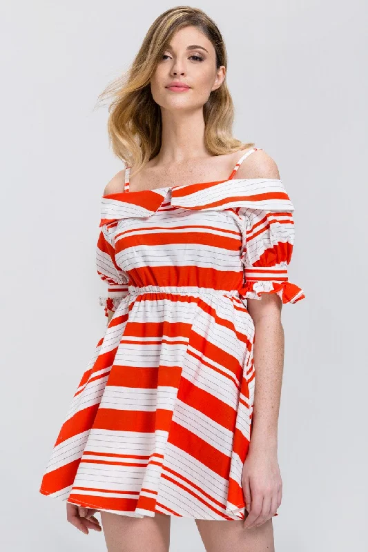 Orange Stripe Boat Collar Mini Dress Cozy Long Sleeve Mini Dress