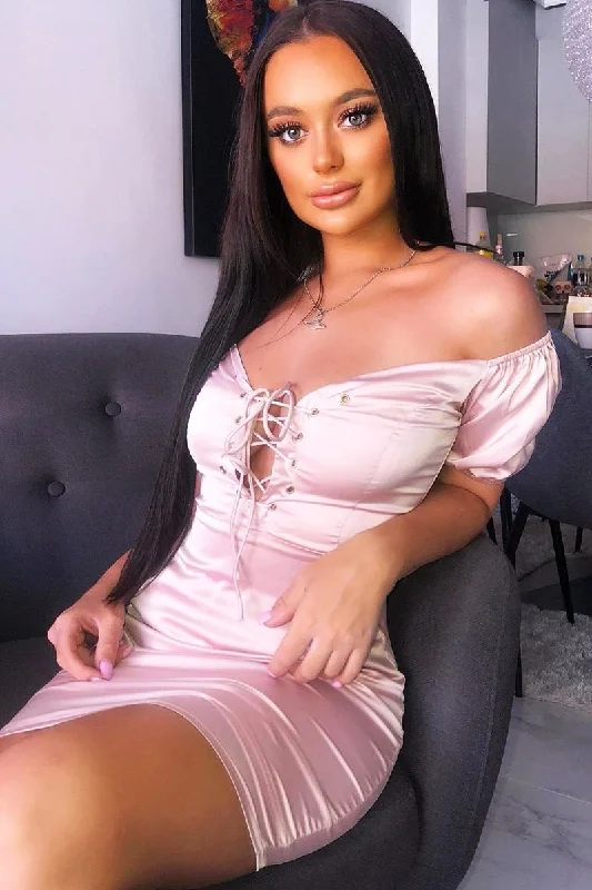 Rose Lace Up Detail Satin Mini Dress - Tinslee Classic Black Mini Dress