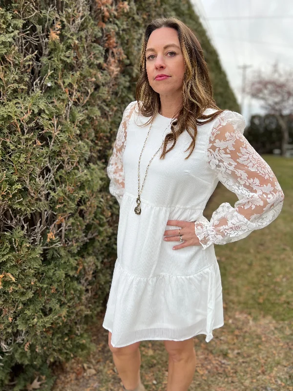 Sheer Jaquard Puff Long Sleeve Tiered Mini Dress Fashionable Mini Dress with Slits