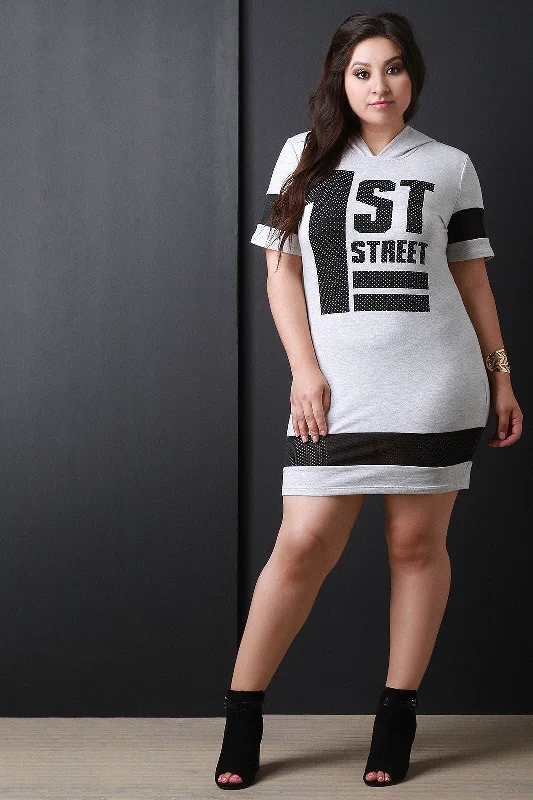Sporty 1st Street Graphic Print Hooded Mini Dress Fashionable Boho-Chic Mini Dress