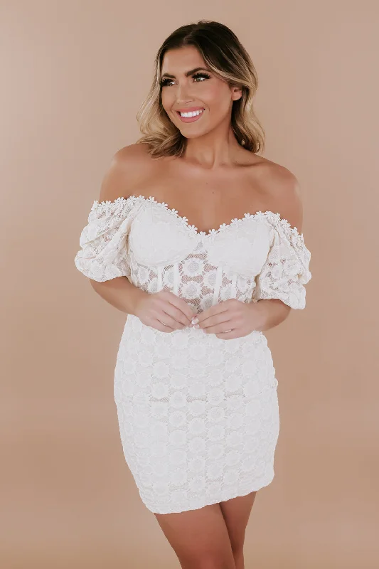 Finer Things Lace Mini Dress Elegant Off-Shoulder Dress Mini