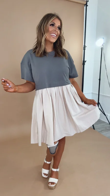 Thea Tee Shirt Mini Dress, Charcoal/Taupe Chic Bohemian Mini Dress