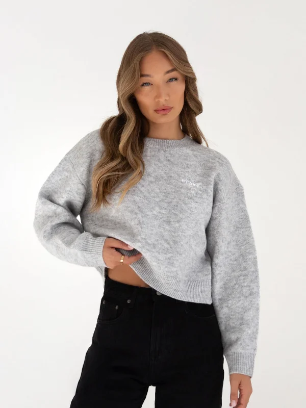Elara Knitted Jumper - Marl Grey Plaid Sweater Polka Dot Checkered