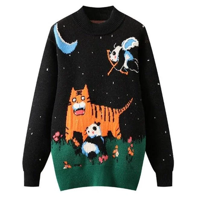 Cupid Panda and Cute Animals Women's Jumper Kawaii Harajuku Panda Tiger Cat Dog Teddy Bear Dinosaur Night Stars Unique Geek Girl Boat Neck Shawl Collar Notched Collar
