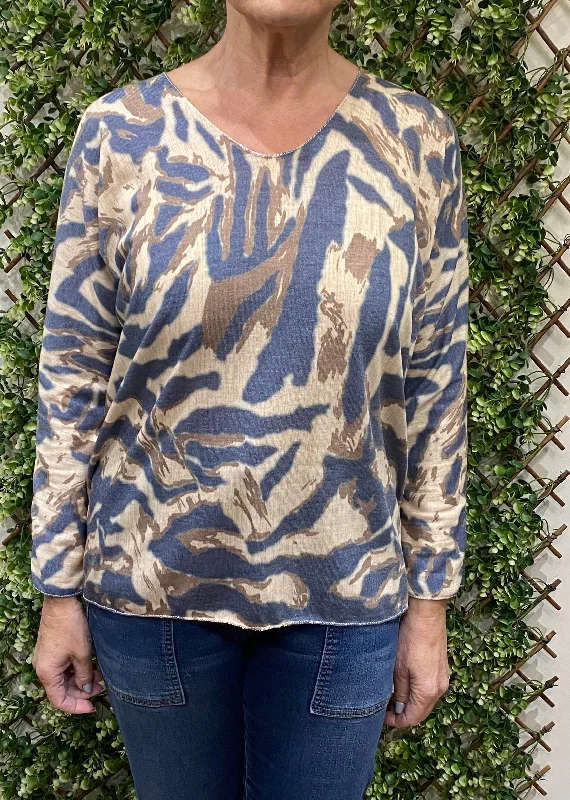 Multicoloured Mable Effect Print V-Neck Jumper (3 Colours) Fitted Slim Tailored