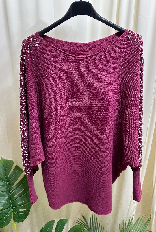 Pearl & diamanté detail jumper - Wine Spandex Rayon Corduroy