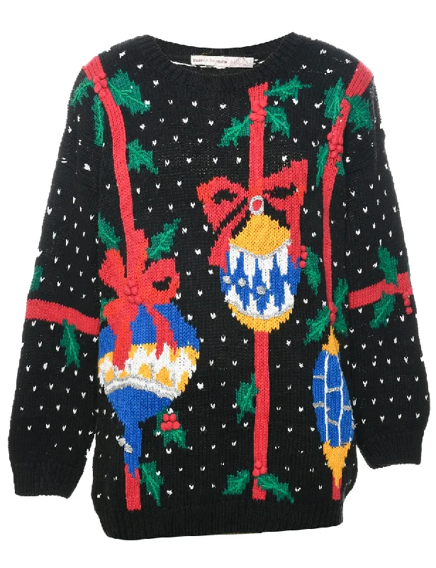 Black Christmas Jumper - L Ribbed Striped Patterned
