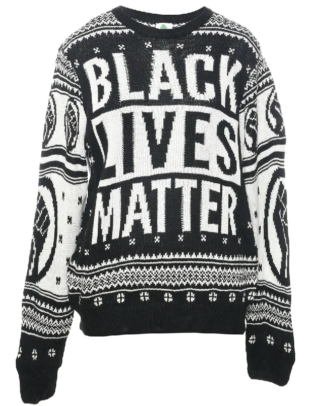 Black Christmas Jumper - L Graphic Sweater Embroidered Appliqued