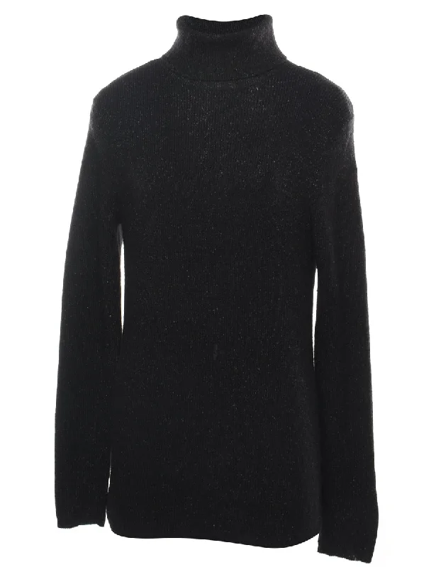 Black Turtleneck Jumper - L Graphic Sweater Embroidered Appliqued