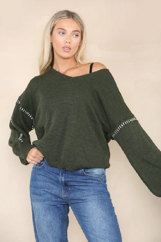 Khaki green contrast stitching jumper Cotton Fabric Linen Fabric Terry Fabric