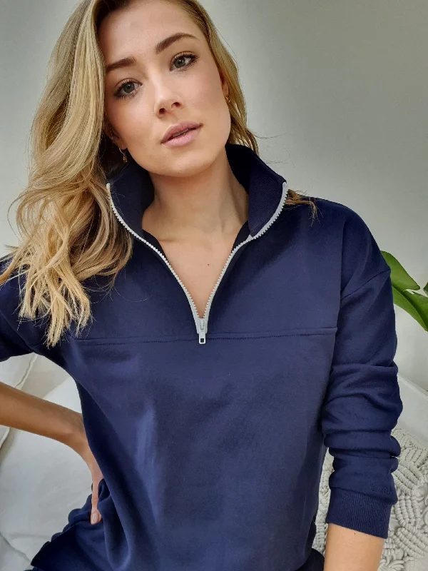 Casa Amuk WOMENS 1/4 ZIP JUMPER - NAVY Graphic Sweater Embroidered Appliqued