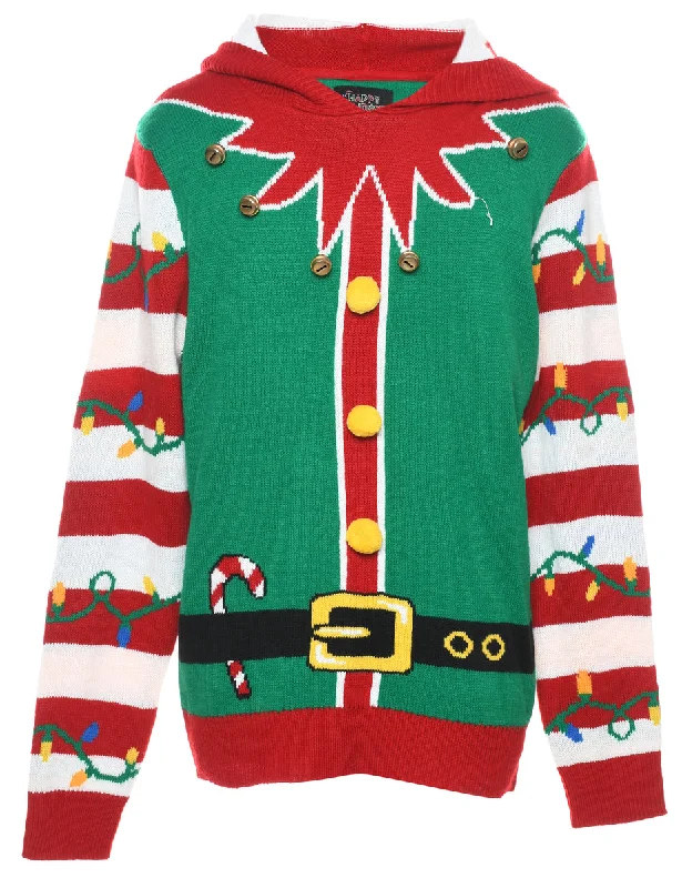 Green Christmas Jumper - M Hooded Sweater Collared Sweater Shawl Collar