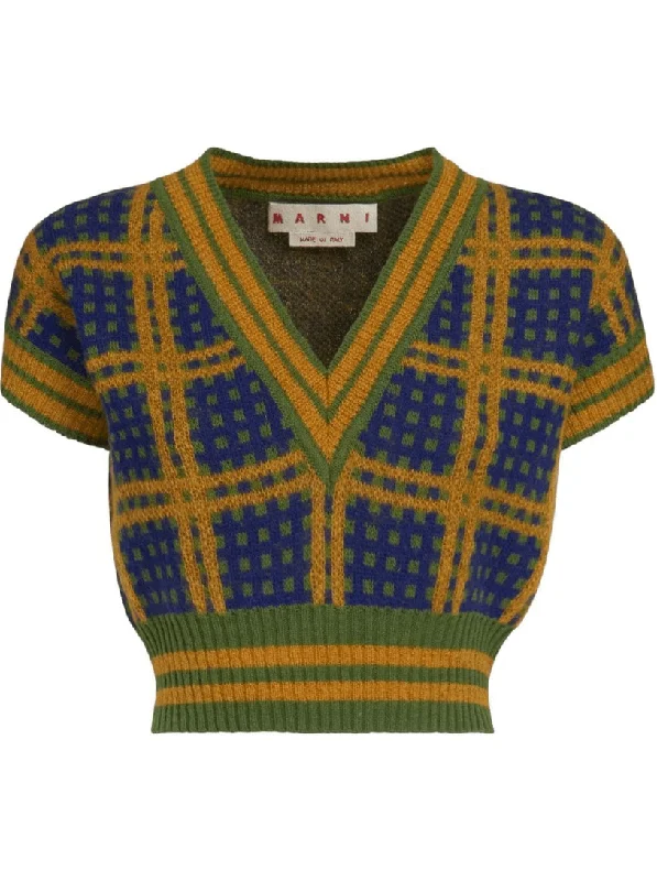 Green jumper 50's check Long Sweater Short Sweater Cropped Sweater