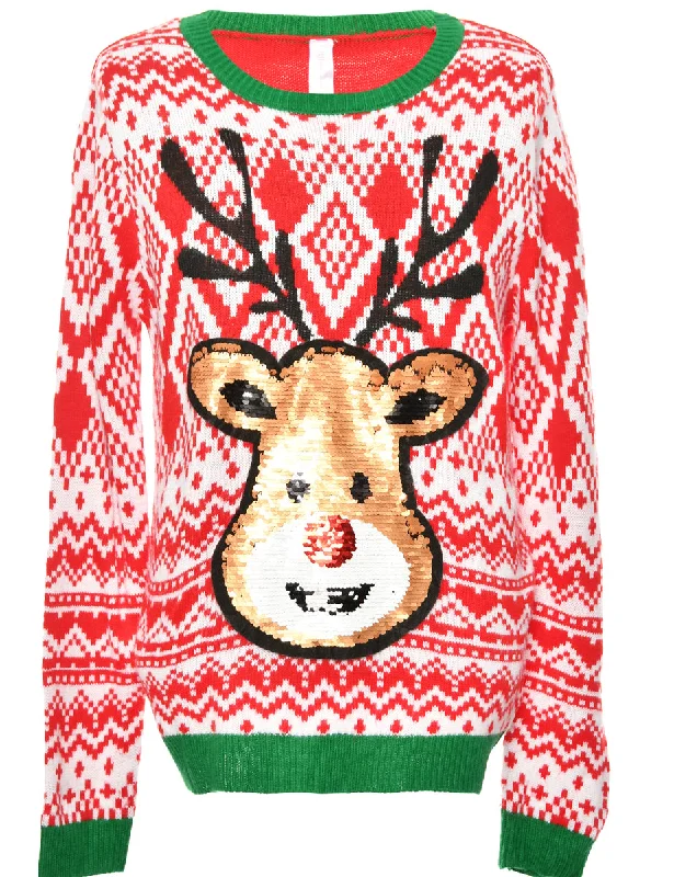 Green & Red Reindeer Design Christmas Jumper - XL Houndstooth Herringbone Solid
