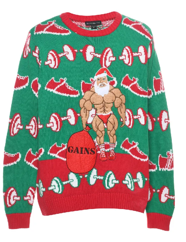 Green & Red Santa Claus Design Jumper - M Long Sweater Short Sweater Cropped Sweater