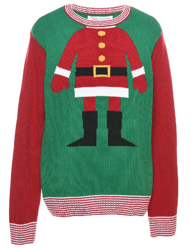 Green & Red Santa Design Christmas Jumper - M Iron Safe Non-Iron Wrinkle Free