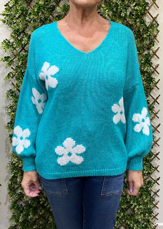 Jemma V-Neck Flower Design Jumper (4 Colours) Fitted Slim Tailored