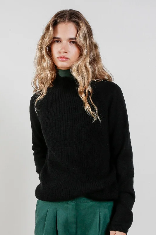 KATTY - Fine Merino Wool Jumper Black Glossy Satin Silk