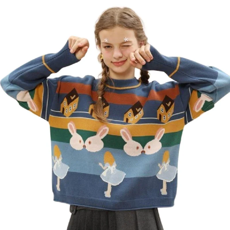 Kissing Bunny Rabbits, Small Girl and Houses Jumper Kawaii Harajuku Retro Houses Cute Unique Look Offbeat Geek Her Girl Animal Sweater Knitwear Pullover Kissing Bunny Rabbits, Small Girl and Houses Jumper Kawaii Harajuku Retro Houses Cute Unique Look Offbeat Geek Her Girl Animal Sweater Knitwear Pullover