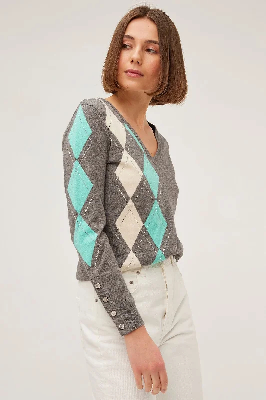 Leo & Ugo Jumper Diamond Pattern V-Neck Grey Ivory AW400 Hooded Caped Shawl Collar