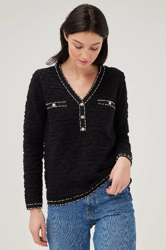 Leo & Ugo Jumper Faux Pearl V-Neck Black AW481 Toggled Drawstring Belted