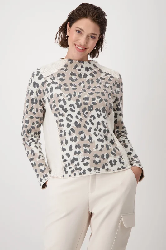Monari 807858 Sandshell Cream Pattern Leopard Print Stand-Up Collar Jumper Stylish Fashionable Trendy Monari 807858 Sandshell Cream Pattern Leopard Print Stand-Up Collar Jumper Stylish Fashionable Trendy