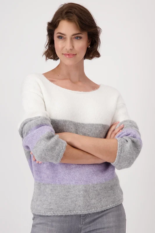 Monari 808353 Chrome Melange Colourblock Striped Round Neck Jumper Zippered Front Buttoned Front Snap Front
