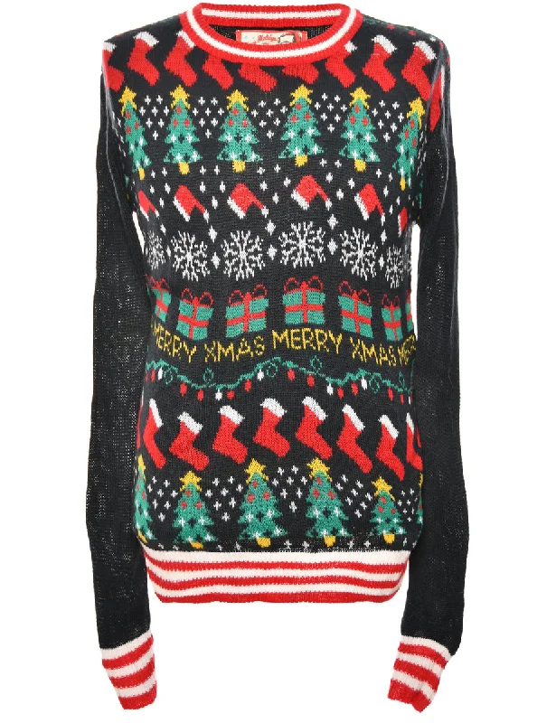 Multi-Colour Patterned Christmas Jumper - M Elasticated Padded Insulated