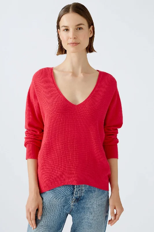 Oui 89057 Jazzy Red Deep V-Neck Jumper Satin Blend Silk Blend Wool Blend