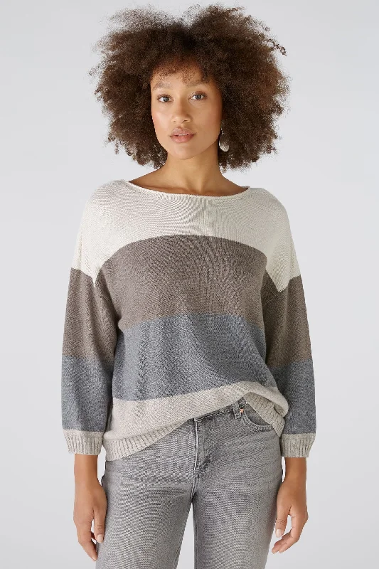 Oui 89248 Grey Camel Stripe Jumper Silk Blend Satin Velvet