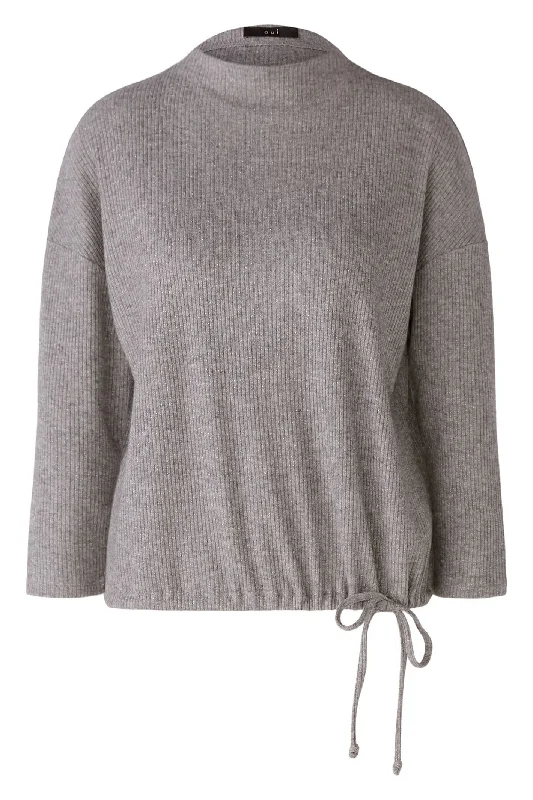 Oui 90991 River Stone Grey Drawstring Waist Jumper Ribbed Striped Patterned