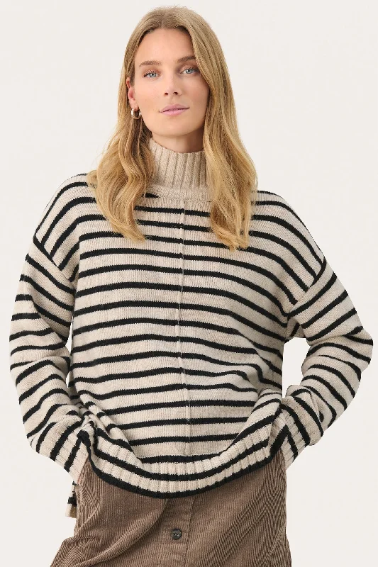 Part Two 30308967 LilyePW Jumper French Oak Stripe Taupe Boat Neck Shawl Collar Notched Collar Part Two 30308967 LilyePW Jumper French Oak Stripe Taupe Boat Neck Shawl Collar Notched Collar