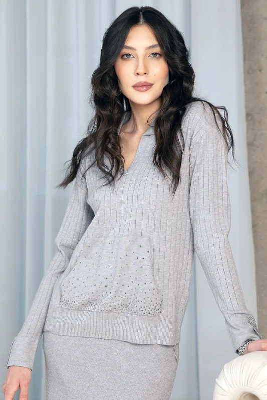 Passioni 16073 Grey Knitted Jumper Fitted Slim Tailored