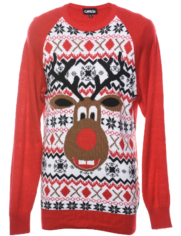 Red Christmas Jumper - L Striped Floral Plaid