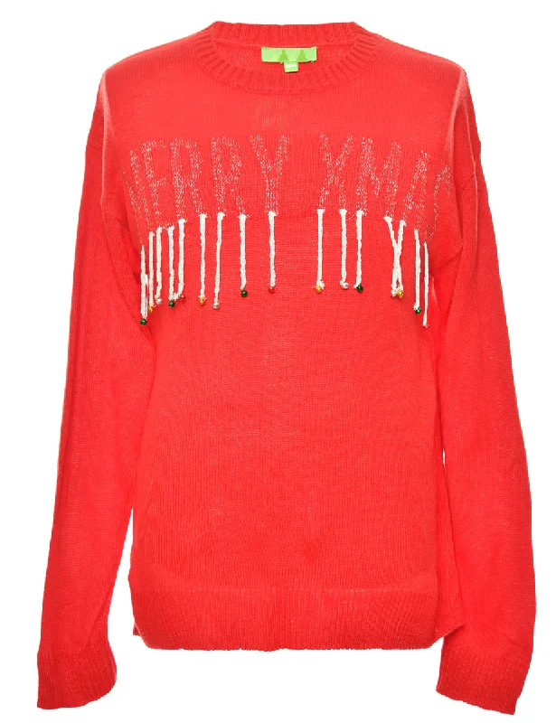 Red Classic Beaded Christmas Jumper - M Zippered Front Buttoned Front Snap Front