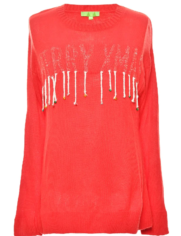 Red Embellished Christmas Jumper - M Bright Pastel Dark
