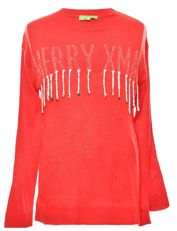 Red Embellished Christmas Jumper - M Embroidered Appliqued Beaded