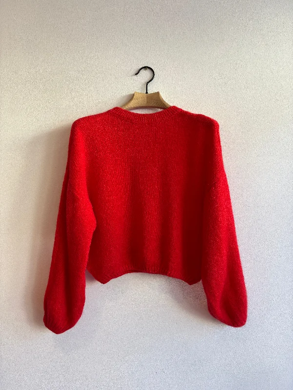 Red Mohair Balloon Sleeve Jumper Toggled Drawstring Belted