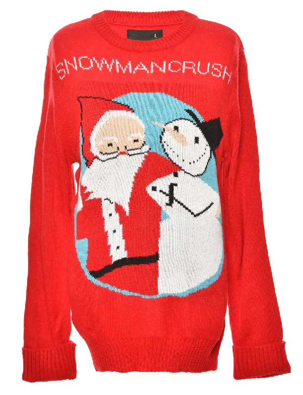 Red Snowman Crush Christmas Jumper - L Notch Collar Peter Pan Collar Cowl Neck