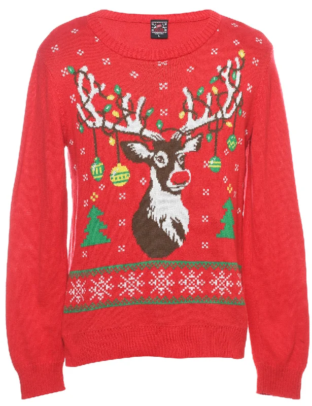 Reindeer Christmas Jumper - L Graphic Sweater Embroidered Appliqued