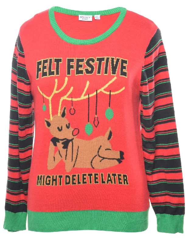 Reindeer Christmas Jumper - M Ribbed Striped Patterned